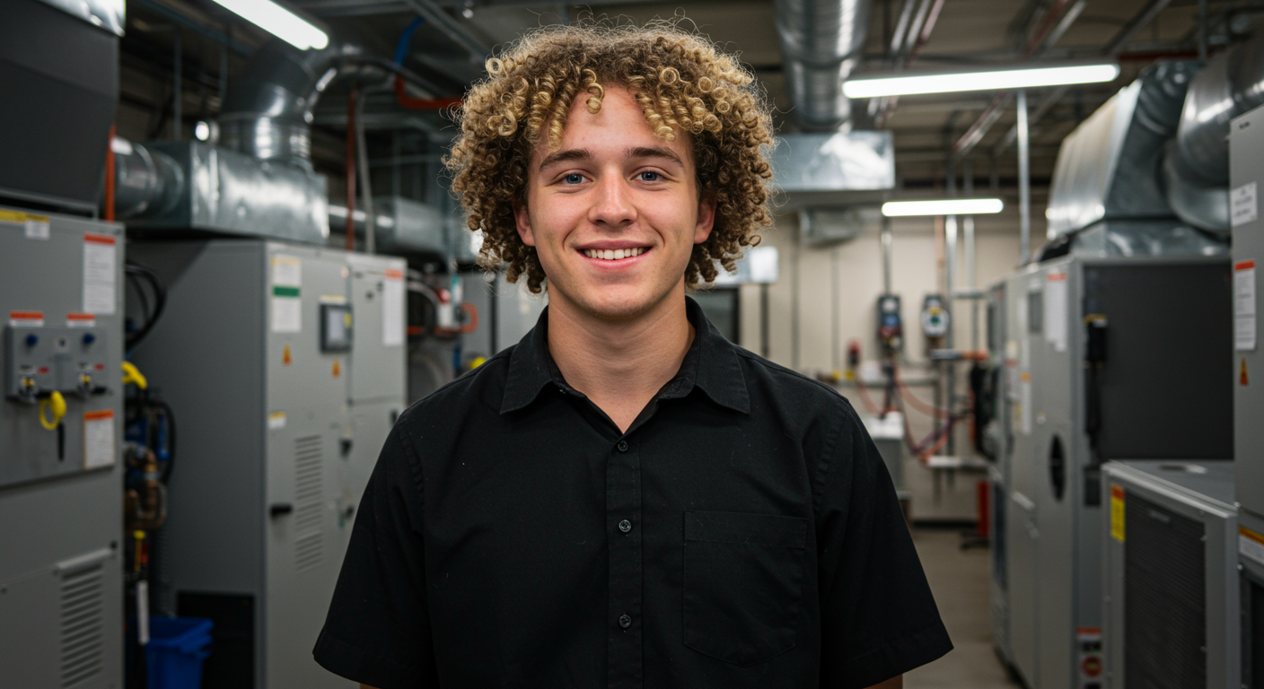 A young man with curly hair wearing a black button-up shirt smiles while standing in a mechanical room with industrial HVAC equipment in the background.