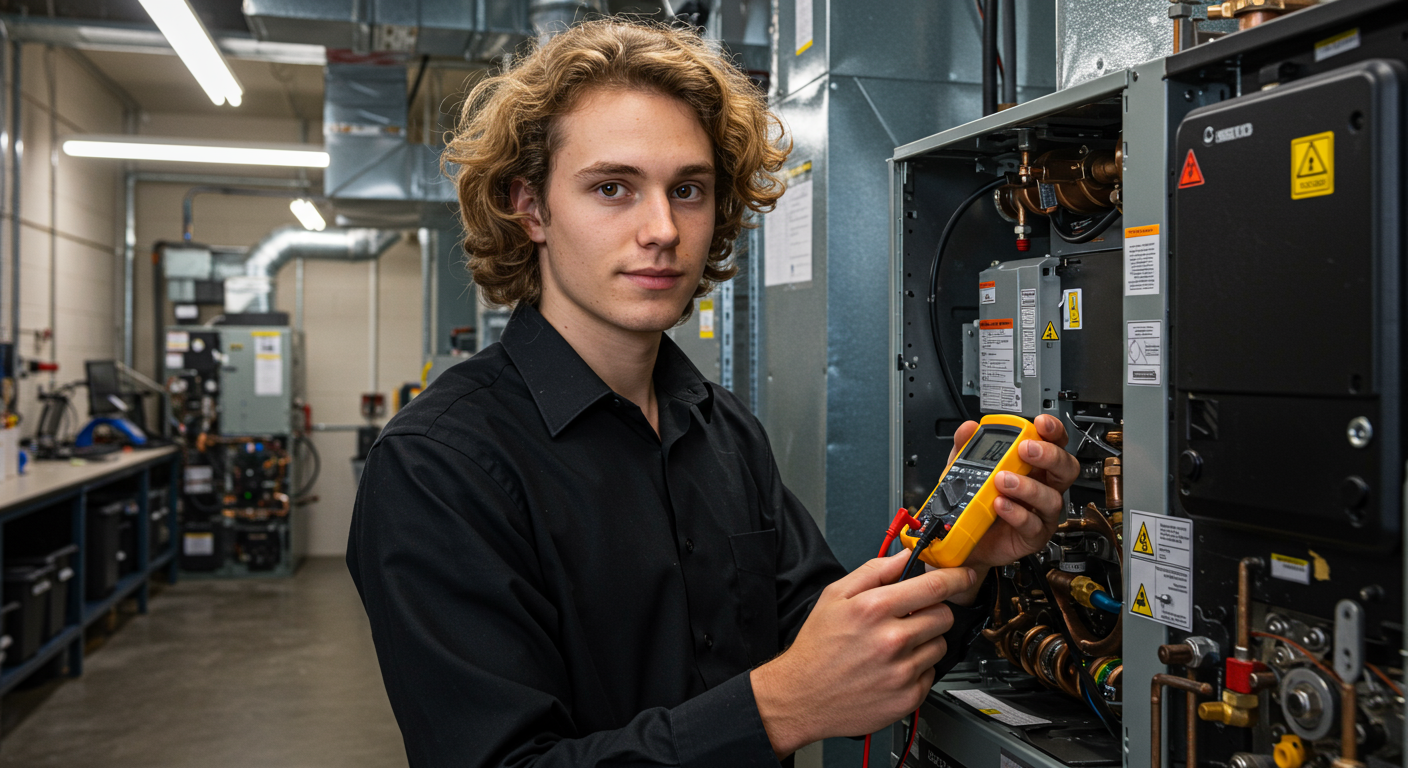 A young man in a black shirt uses a digital multimeter to test wiring inside an HVAC unit while working in a training lab filled with industrial equipment.