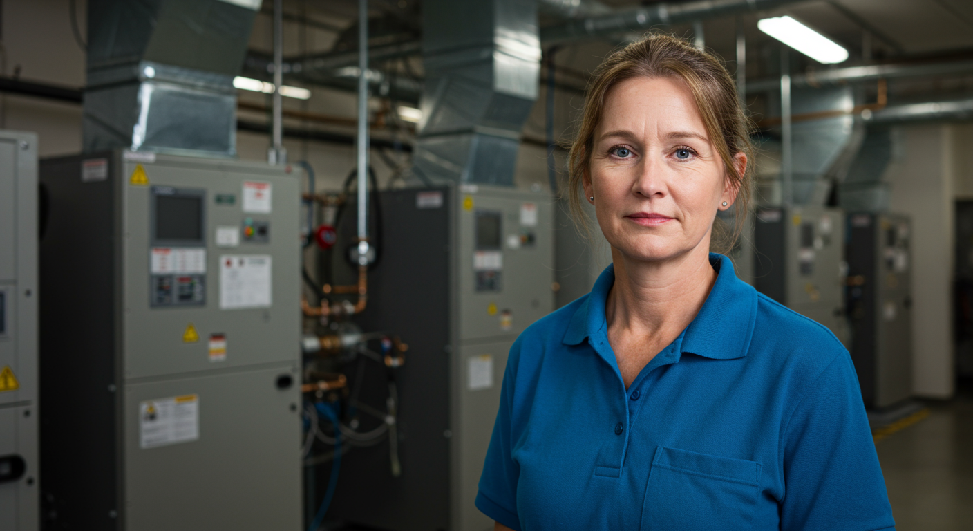 A woman in a blue polo shirt stands in an HVAC training facility, with industrial heating and cooling equipment visible in the background.